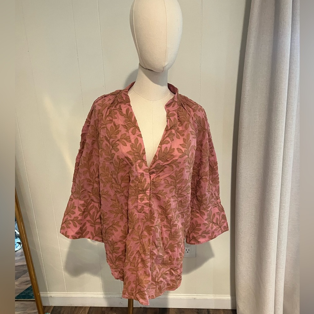 Anthropologie Floral Leaf Oversized Bell Sleeve Fall Cotton Tunic Top, Artsy
